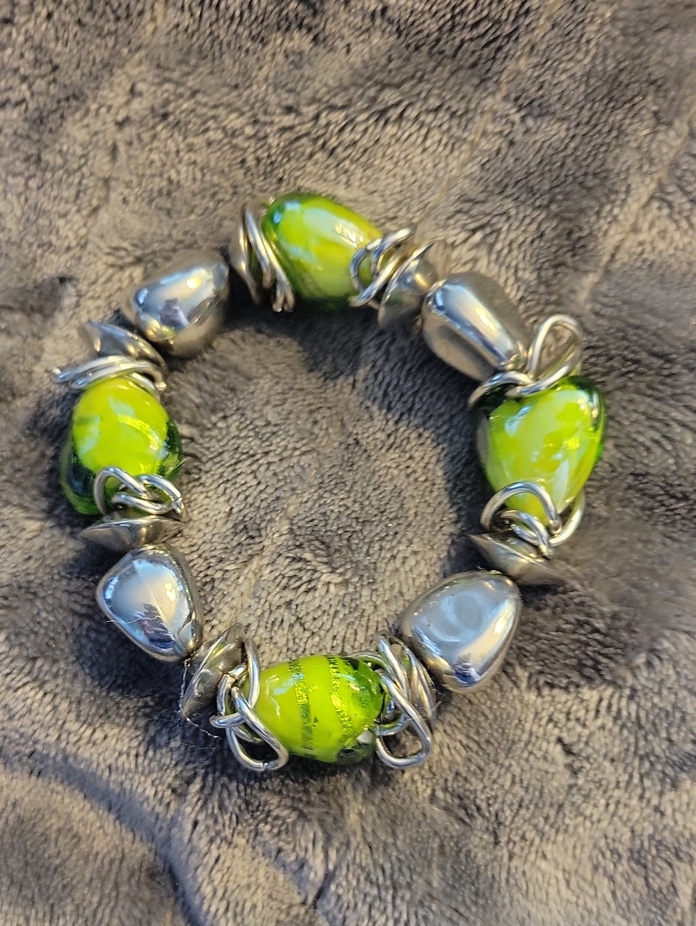 Silver and Lime Green Bead Stretch Bracelet